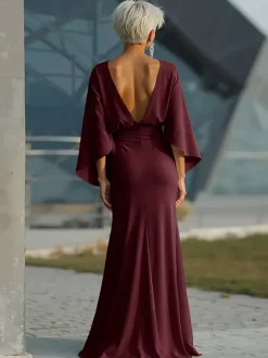 Robe de soirée pour la mère de la mariée col rond manches 3/4 robe de bal plissée avec traîne robe d'invitée pour un mariage