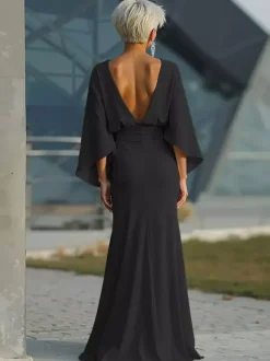 Robe de soirée pour la mère de la mariée col rond manches 3/4 robe de bal plissée avec traîne robe d'invitée pour un mariage