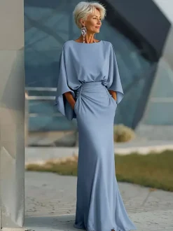 Robe de soirée pour la mère de la mariée col rond manches 3/4 robe de bal plissée avec traîne robe d'invitée pour un mariage