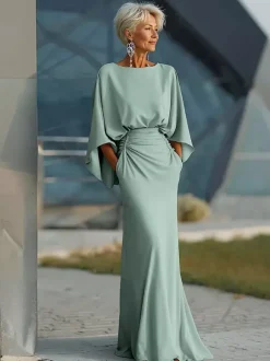 Robe de soirée pour la mère de la mariée col rond manches 3/4 robe de bal plissée avec traîne robe d'invitée pour un mariage