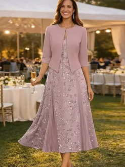 Robe de soirée pour la mère de la mariée col en V manches 3/4 robe courte en dentelle longueur thé pour invitée de mariage