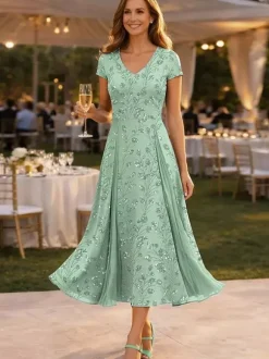 Robe de soirée pour la mère de la mariée col en V manches 3/4 robe courte en dentelle longueur thé pour invitée de mariage