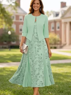 Robe de soirée pour la mère de la mariée col en V manches 3/4 robe courte en dentelle longueur thé pour invitée de mariage