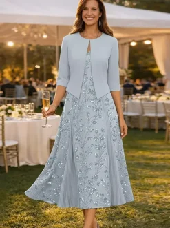 Robe de soirée pour la mère de la mariée col en V manches 3/4 robe courte en dentelle longueur thé pour invitée de mariage