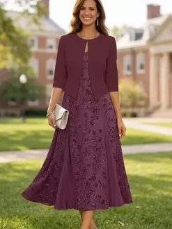 Robe de soirée pour la mère de la mariée col en V manches 3/4 robe courte en dentelle longueur thé pour invitée de mariage