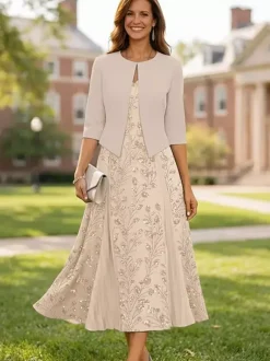 Robe de soirée pour la mère de la mariée col en V manches 3/4 robe courte en dentelle longueur thé pour invitée de mariage