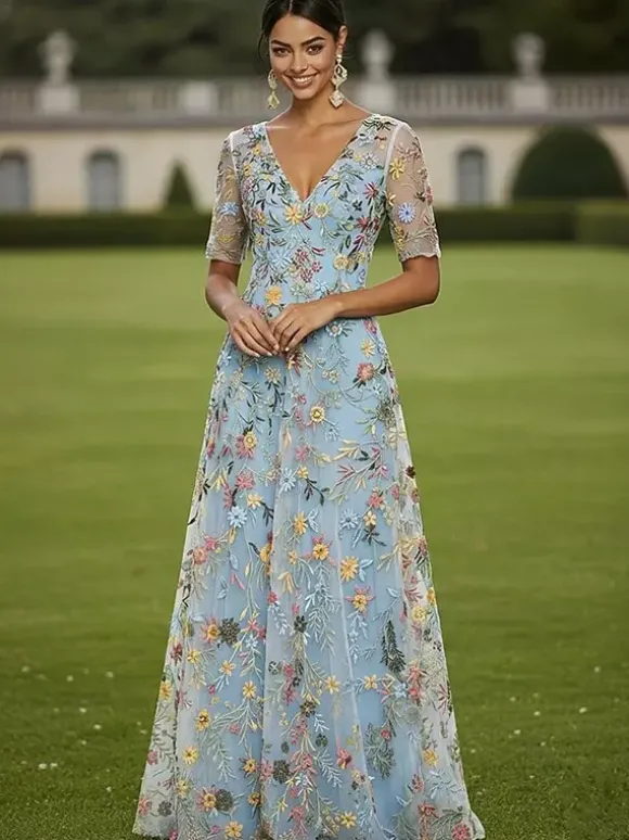 Robe de soirée pour la mère de la mariée col rond manches courtes coupe trapèze en dentelle idéale pour un mariage