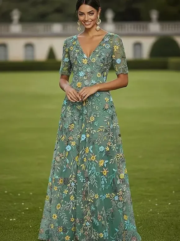 Robe de soirée pour la mère de la mariée col rond manches courtes coupe trapèze en dentelle idéale pour un mariage