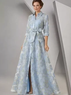 Robe de soirée pour la mère de la mariée décolleté travaillé manches 3/4 coupe trapèze ceinture robe d'invitée pour un mariage