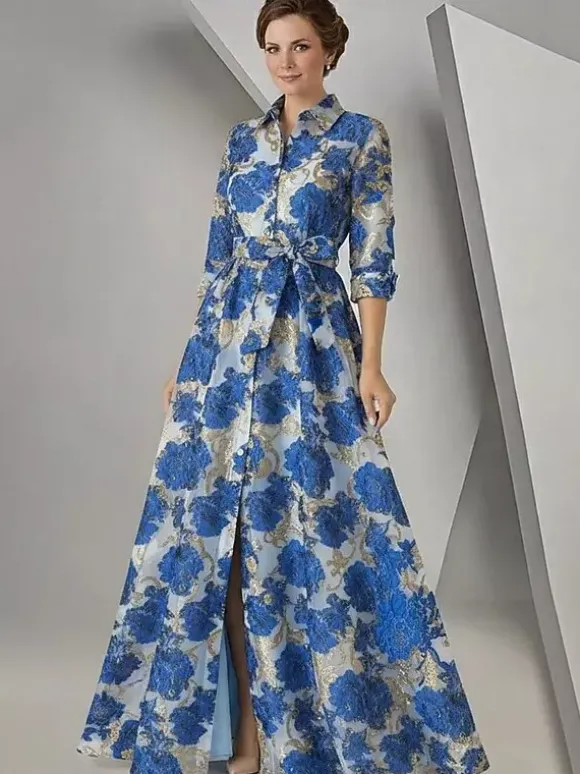 Robe de soirée pour la mère de la mariée décolleté travaillé manches 3/4 coupe trapèze ceinture robe d'invitée pour un mariage