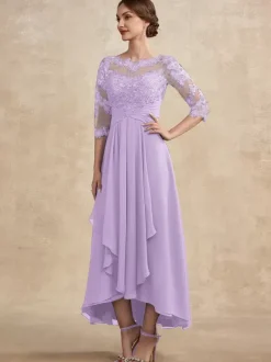 Robe de soirée pour la mère de la mariée col en bijoux manches 3/4 ligne A dentelle robes d'invitées pour mariage