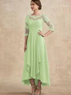 Robe de soirée pour la mère de la mariée col en bijoux manches 3/4 ligne A dentelle robes d'invitées pour mariage