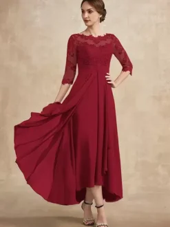 Robe de soirée pour la mère de la mariée col en bijoux manches 3/4 ligne A dentelle robes d'invitées pour mariage