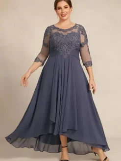 Robe de soirée pour la mère de la mariée col en bijoux manches 3/4 ligne A dentelle robes d'invitées pour mariage