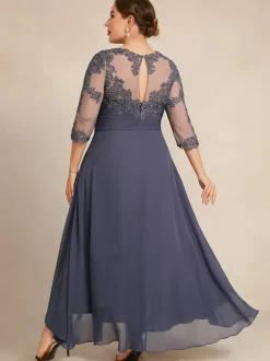 Robe de soirée pour la mère de la mariée col en bijoux manches 3/4 ligne A dentelle robes d'invitées pour mariage