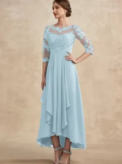 Robe de soirée pour la mère de la mariée col en bijoux manches 3/4 ligne A dentelle robes d'invitées pour mariage