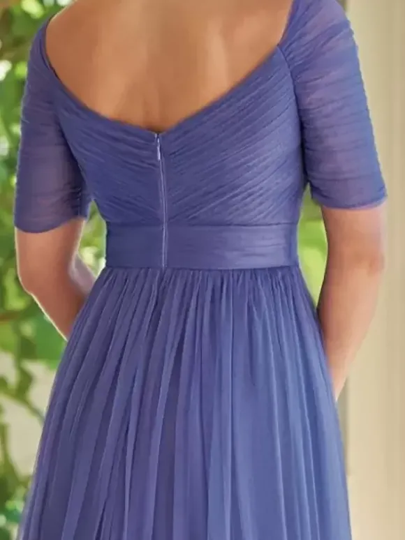 Robe de soirée pour la mère de la mariée décolleté conçu manches courtes ligne A plissée robes d'invitées pour mariage