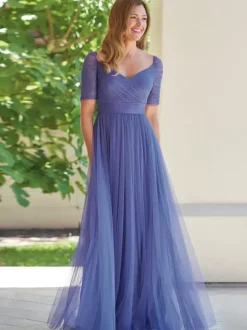 Robe de soirée pour la mère de la mariée décolleté conçu manches courtes ligne A plissée robes d'invitées pour mariage