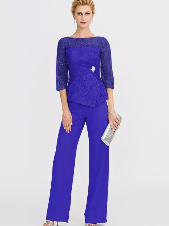 Robe de soirée pour la mère de la mariée décolleté illusion manches 3/4 deux pièces en dentelle longueur au sol robes d'invitées pour mariage