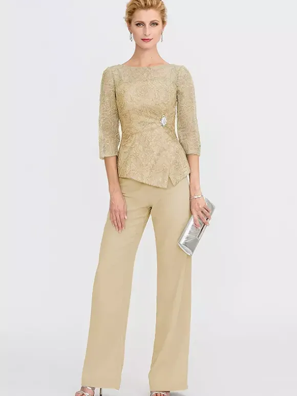 Robe de soirée pour la mère de la mariée décolleté illusion manches 3/4 deux pièces en dentelle longueur au sol robes d'invitées pour mariage