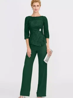 Robe de soirée pour la mère de la mariée décolleté illusion manches 3/4 deux pièces en dentelle longueur au sol robes d'invitées pour mariage