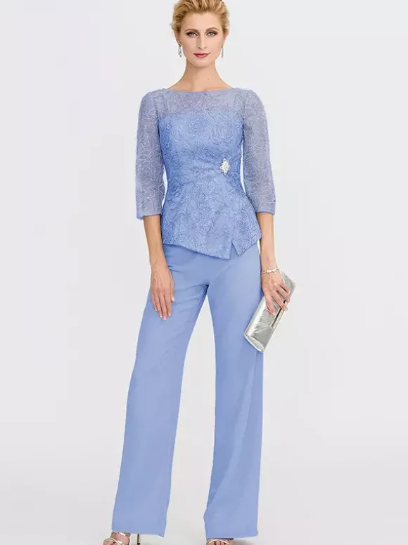 Robe de soirée pour la mère de la mariée décolleté illusion manches 3/4 deux pièces en dentelle longueur au sol robes d'invitées pour mariage
