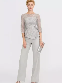 Robe de soirée pour la mère de la mariée décolleté illusion manches 3/4 deux pièces en dentelle longueur au sol robes d'invitées pour mariage