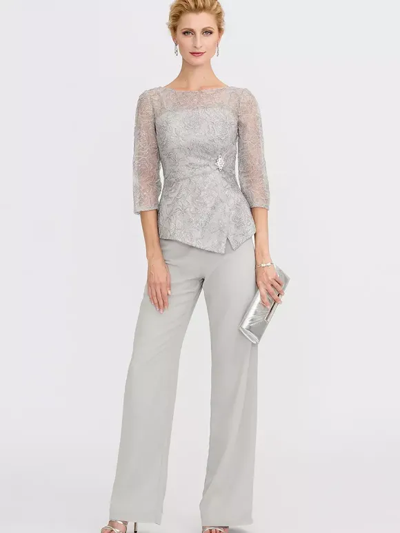 Robe de soirée pour la mère de la mariée décolleté illusion manches 3/4 deux pièces en dentelle longueur au sol robes d'invitées pour mariage