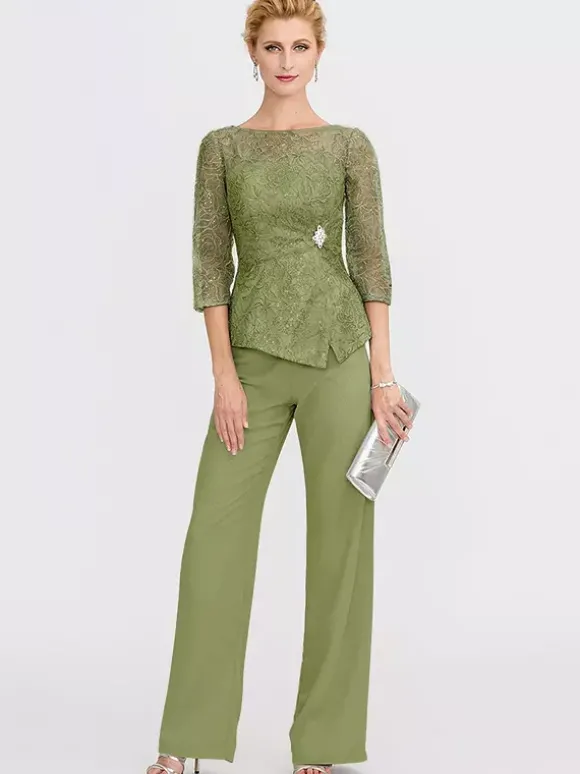 Robe de soirée pour la mère de la mariée décolleté illusion manches 3/4 deux pièces en dentelle longueur au sol robes d'invitées pour mariage