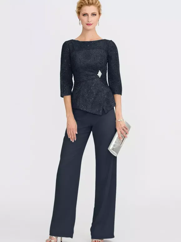 Robe de soirée pour la mère de la mariée décolleté illusion manches 3/4 deux pièces en dentelle longueur au sol robes d'invitées pour mariage