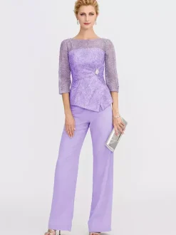 Robe de soirée pour la mère de la mariée décolleté illusion manches 3/4 deux pièces en dentelle longueur au sol robes d'invitées pour mariage