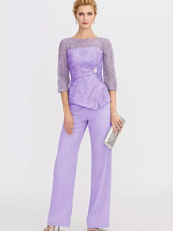 Robe de soirée pour la mère de la mariée décolleté illusion manches 3/4 deux pièces en dentelle longueur au sol robes d'invitées pour mariage