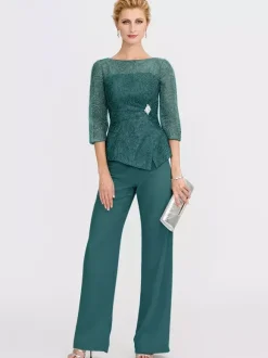 Robe de soirée pour la mère de la mariée décolleté illusion manches 3/4 deux pièces en dentelle longueur au sol robes d'invitées pour mariage