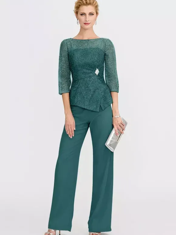 Robe de soirée pour la mère de la mariée décolleté illusion manches 3/4 deux pièces en dentelle longueur au sol robes d'invitées pour mariage