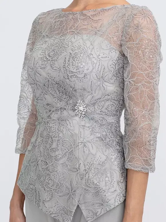 Robe de soirée pour la mère de la mariée décolleté illusion manches 3/4 deux pièces en dentelle longueur au sol robes d'invitées pour mariage