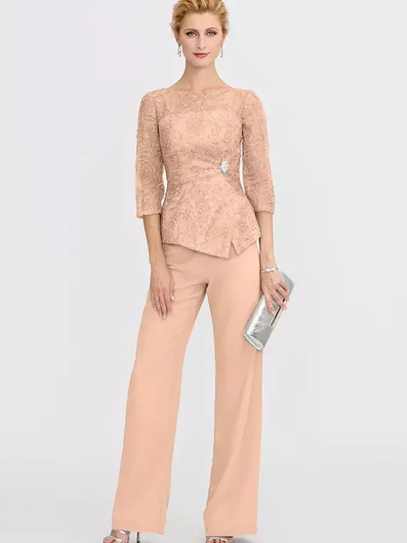 Robe de soirée pour la mère de la mariée décolleté illusion manches 3/4 deux pièces en dentelle longueur au sol robes d'invitées pour mariage