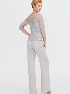 Robe de soirée pour la mère de la mariée décolleté illusion manches 3/4 deux pièces en dentelle longueur au sol robes d'invitées pour mariage