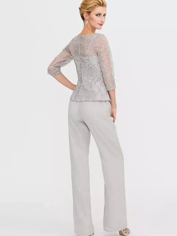 Robe de soirée pour la mère de la mariée décolleté illusion manches 3/4 deux pièces en dentelle longueur au sol robes d'invitées pour mariage
