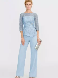 Robe de soirée pour la mère de la mariée décolleté illusion manches 3/4 deux pièces en dentelle longueur au sol robes d'invitées pour mariage