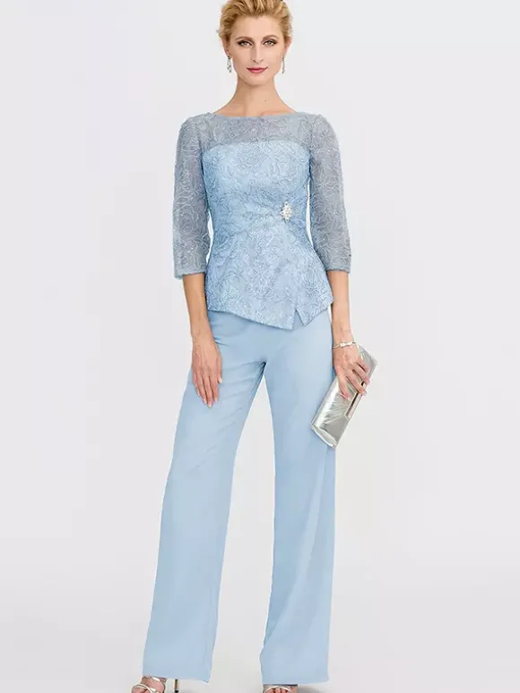 Robe de soirée pour la mère de la mariée décolleté illusion manches 3/4 deux pièces en dentelle longueur au sol robes d'invitées pour mariage