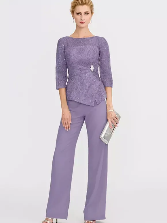 Robe de soirée pour la mère de la mariée décolleté illusion manches 3/4 deux pièces en dentelle longueur au sol robes d'invitées pour mariage