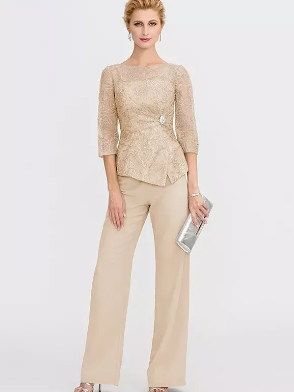 Robe de soirée pour la mère de la mariée décolleté illusion manches 3/4 deux pièces en dentelle longueur au sol robes d'invitées pour mariage