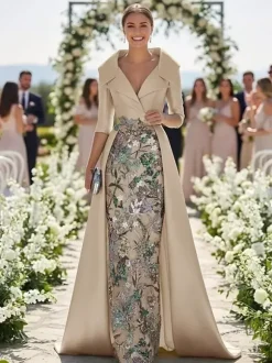 Robe de soirée pour la mère de la mariée col en V manches 3/4 coupe trapèze en dentelle idéale pour un mariage.