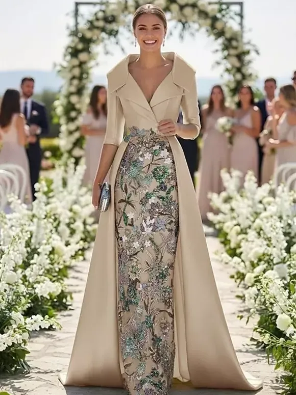 Robe de soirée pour la mère de la mariée col en V manches 3/4 coupe trapèze en dentelle idéale pour un mariage.