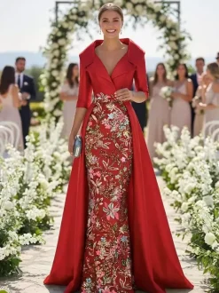 Robe de soirée pour la mère de la mariée col en V manches 3/4 coupe trapèze en dentelle idéale pour un mariage.