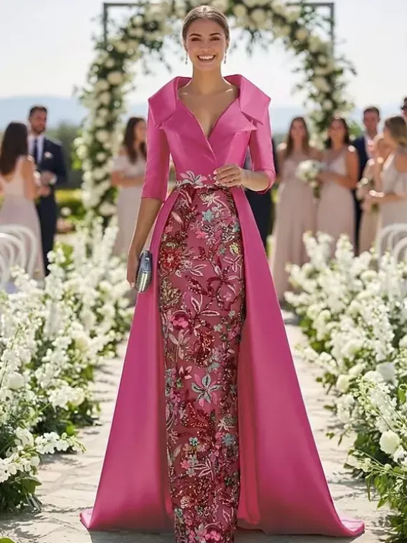 Robe de soirée pour la mère de la mariée col en V manches 3/4 coupe trapèze en dentelle idéale pour un mariage.