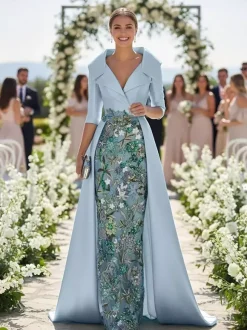 Robe de soirée pour la mère de la mariée col en V manches 3/4 coupe trapèze en dentelle idéale pour un mariage.
