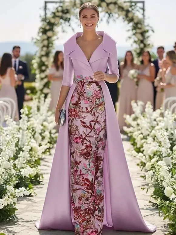 Robe de soirée pour la mère de la mariée col en V manches 3/4 coupe trapèze en dentelle idéale pour un mariage.