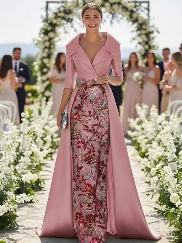 Robe de soirée pour la mère de la mariée col en V manches 3/4 coupe trapèze en dentelle idéale pour un mariage.