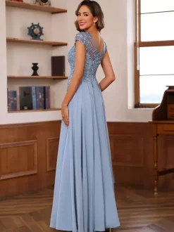 Robe de soirée pour mère de la mariée décolleté illusion manches courtes robe de bal dentelle robes d'invitées de mariage